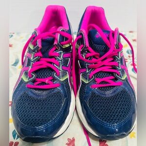 ASICS Navy Sneakers with Bright Pink Details Size 8